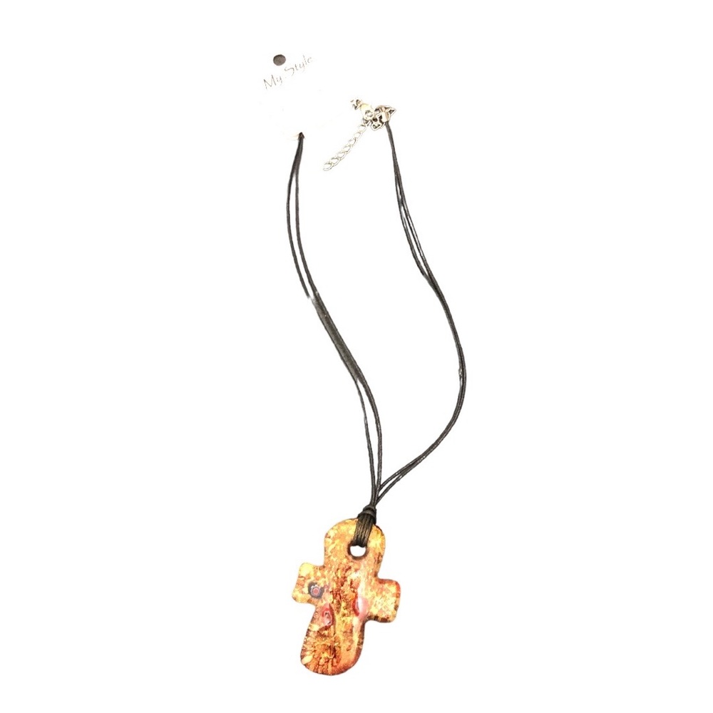 Murano Cross Pendant Necklace with Black Chord Women's Gold/Red